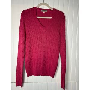 Bobby Jones Pink V-Neck Sweater Cable Knit 100% Cotton Sz L classic hot pink